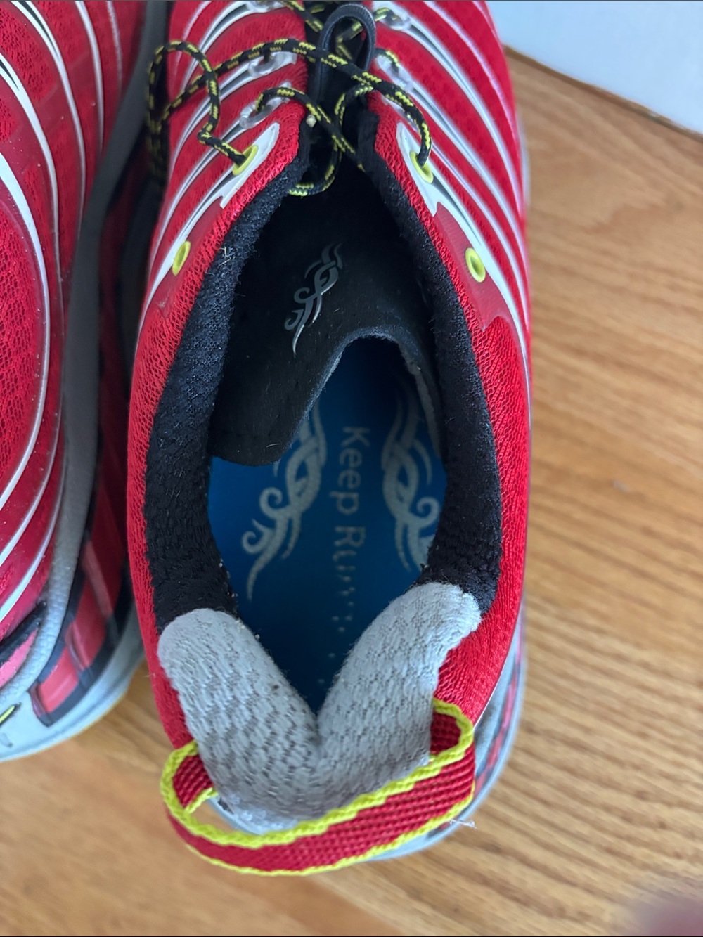 Hoka One One Red Black Athletic Shoes with Yellow Accents - Picture 7 of 9